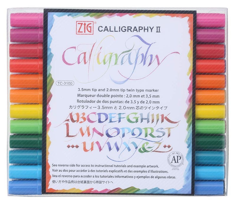 Kuretake ZIG Calligraphy Marker Pens, 24 Colors set, 2mm & 3.5mm Dual Tip Markers, for Writing & Hand Lettering, for Professional, Beginner, Water-based dye ink, Made in Japan - Image 1